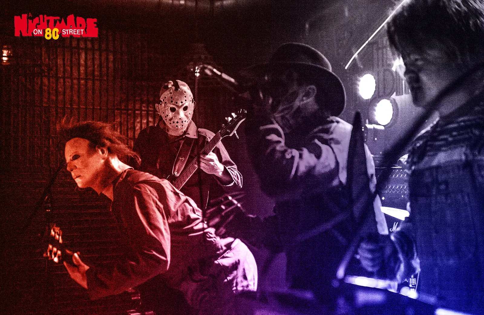 Masked members of A Nightmare on 80s Street performing under red and blue stage lights